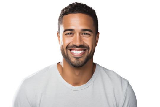 smiling man in his 30s Represents happiness and vitality. A bright smile, good mood, looking at the camera, isolated on a white background.