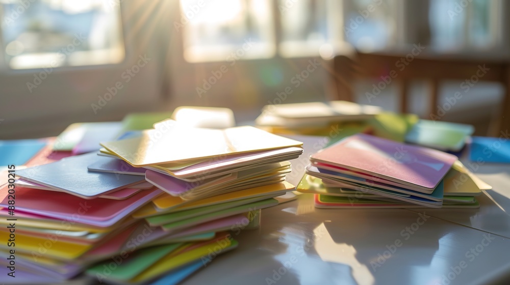 Poster language flashcards illuminated by soft natural light, creating an inviting educational atmosphere o