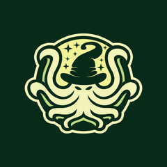 Octopus Hat Witch Logo Vector, Animal Emblem Icon Symbol, Mascot Creative Vintage Graphic Design