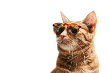 mischievous ginger tabby cat with oversized sunglasses perched on its nose, tilting its head playfully. isolated on a white background.
