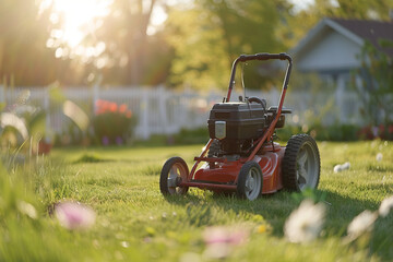 A modern lawn mower stands on a mowed lawn against the backdrop of a private house. Generated by artificial intelligence