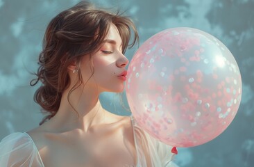 Naklejka premium Young Woman Holding Pink Balloon in Front of Gray Wall