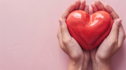 Obraz premium Hands holding a shiny red heart symbolizing love, care, and compassion against a soft pink background.