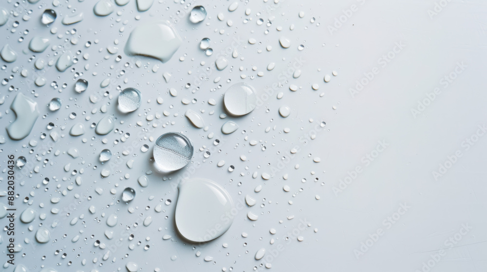 Poster water droplets on a smooth white surface creating a fresh and clean look. perfect for background, de