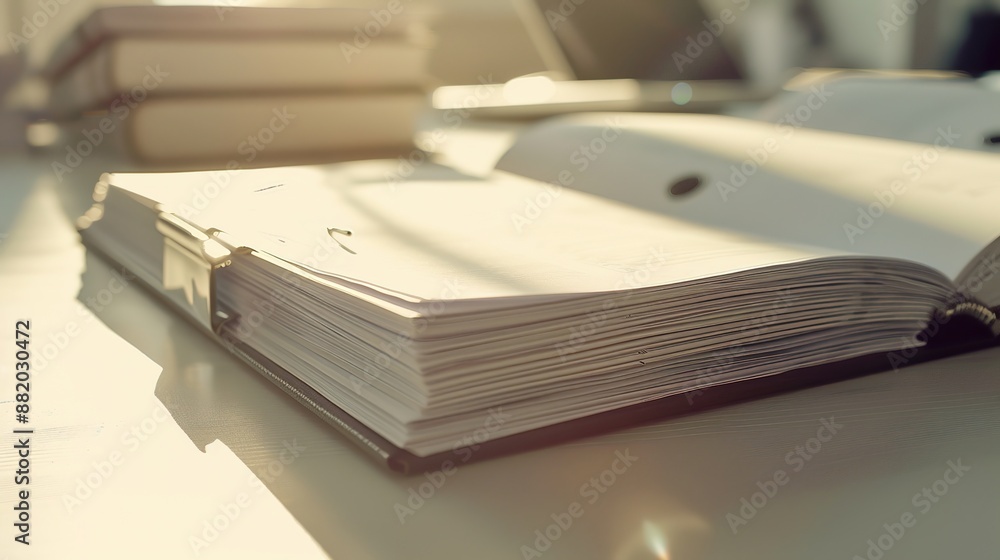 Poster organized workspace - macro view of open binder with documents on white desk in soft daylight