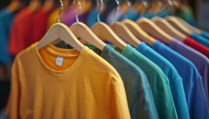 Obraz premium Colorful T-Shirts Hanging on Wooden Hangers in a Retail Store