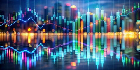 Naklejka premium Financial Market Reflection in Cityscape, Stock Market, Candlestick Chart, Night City , Trading, Investment