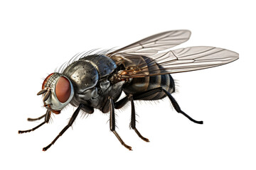 photo of a housefly, isolated on a white background, with its compound eyes, hairy legs, and transparent wings in sharp detail.