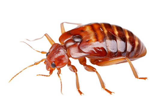 A realistic photo of a bed bug crawling , isolated on a white background, its reddish-brown body and segmented abdomen clearly visible