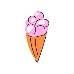 Ice cream pink in waffle cone in cartoon. Strawberry dessert design. Vector illustration isolated on white background.