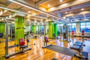 Vibrant fitness studio interior with exercise equipment, mirrors, and motivational posters, conveying a sense of energy and enthusiasm for an active lifestyle.