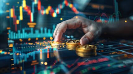 Cryptocurrency Investment: Hand Placing a Golden Coin on a Digital Trading Platform
