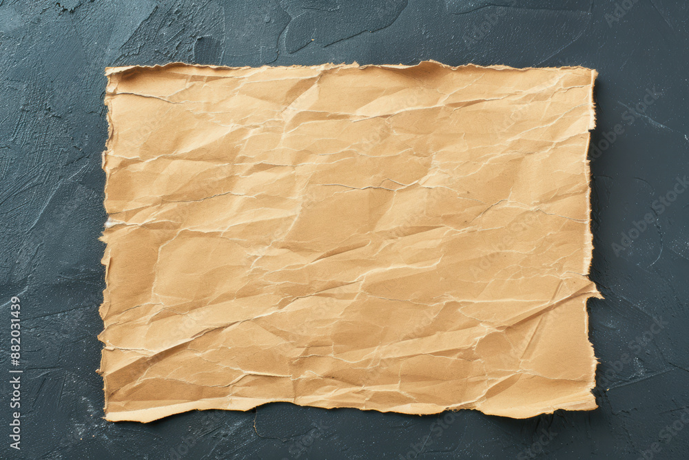Aufkleber a crumpled sheet of vintage brown paper lies on a textured dark surface, creating a rustic and aged 