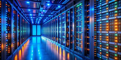 Fototapeta premium Data Center Server Room Interior with Blue and Orange Lights, Server Racks, Technology, Data, Network , IT , Infrastructure