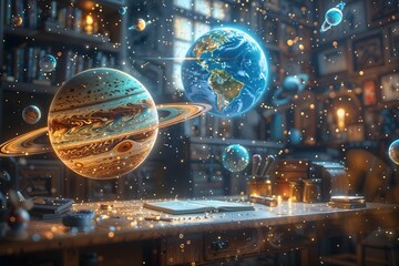Desk with Floating Planets and Celestial Study Decor