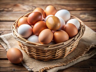 Freshly laid brown and white chicken eggs nestled together in a woven wicker basket on a rustic wooden table against a soft white background.