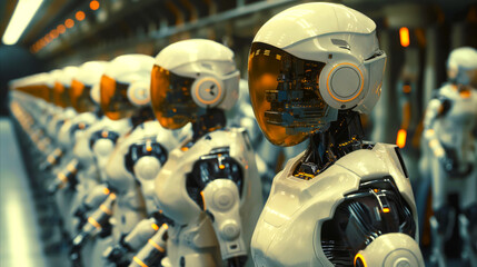 Fototapeta premium Concept of new industrial revolution, humanoid white robots in futuristic warehouse or factory setting. Scene symbolizes automation, fourth industrial revolution, and future of technology in industry