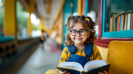 hispanic beauty type girl standing in school hallway; smiled brunette nerd kid in glasses reading a textbook in school; bts photo; 6 or 7 years old young student; copy space for text; widescreen
