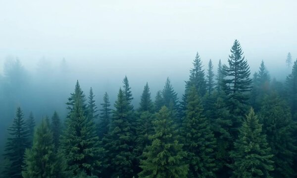 A forest with trees covered in fog. The trees are tall and green, and the sky is cloudy. Scene is calm and peaceful, as the trees are standing tall and strong despite the foggy weather