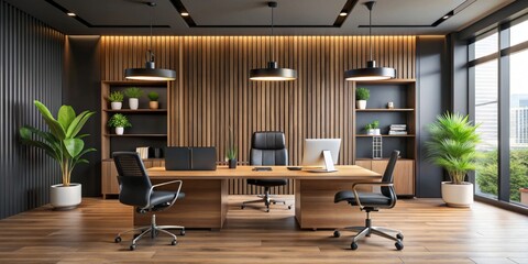 Modern office interior with sleek black accent wall, wooden desk, and ergonomic chairs, creating a sophisticated and professional work environment.