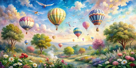 Fototapeta premium Dreamy Hot Air Balloon Flight Over a Lush Meadow, Digital Art, Watercolor Painting, Hot Air Balloons, Nature, Landscape, Summer