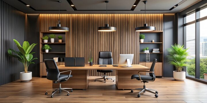 Modern office interior with sleek black accent wall, wooden desk, and ergonomic chairs, creating a sophisticated and professional work environment.