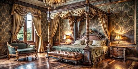 Elegant vintage bedroom featuring ornate wooden four-poster bed, velvet drapes, and distressed walls adorned with gilded mirrors and antique decorative accents.