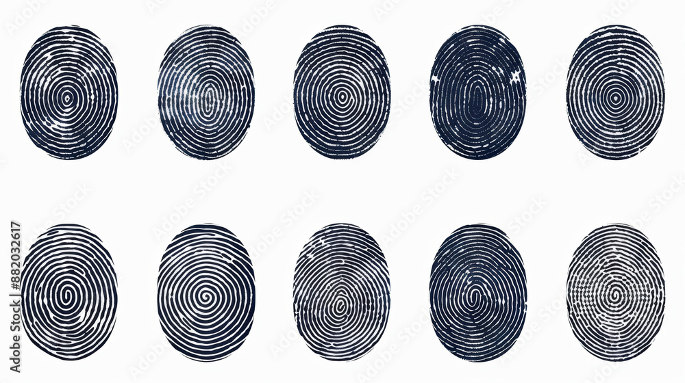 Poster ten distinct black fingerprint patterns on white background, showcasing unique biometric details for