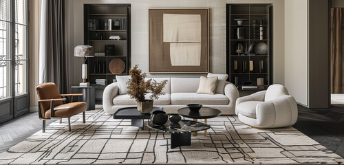 A stylish living room showcasing clean lines, subtle neutral hues, and a distinctive statement rug.