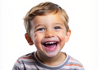 Adorable happy child model with flawless smile and sparkling clean teeth laughs joyfully in isolation on a transparent background, perfect for commercial use.
