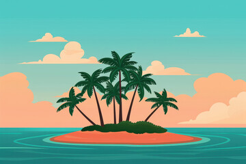 Obraz premium A picturesque tropical island with palm trees, surrounded by turquoise waters under a vibrant sky with fluffy clouds at sunset.