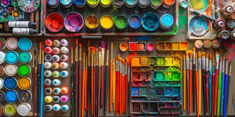 Collection of art supplies like paints, brushes, and markers on a craft table