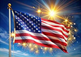 Vibrant American flag with white stars on blue background waving in the wind, decorated with golden tassels and flowing ribbons, perfect for patriotic celebrations.