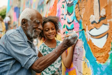 A smiling grandfather and granddaughter joyfully paint a colorful mural on a wall.