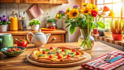 Naklejka premium A warm and inviting kitchen scene with a slice of freshly baked pizza on a wooden table, surrounded by colorful utensils and a vase with fresh flowers.