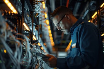 An IT technician inspects servers and cables in a data center.