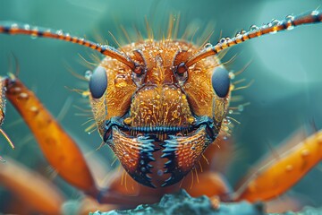 Close up macro shot of detailed ant head highlighting the intricate detail of its powerful mandibles and sensory antennae