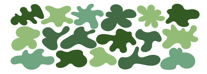 Abstract vector graphic of irregular, asymmetric green blob. Organic form resembles a tree or shrub. A liquid-like spot and fluid splashes create an uneven, unique view, like a melting eco-landscape