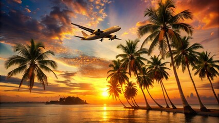 Golden sunset casts warm glow on palm trees swaying gently beneath majestic commercial airliner soaring above serene tropical island landscape.
