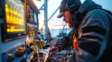 Close-up view of a technician connecting the Humminbird 360 Control Head to the boat's power supply and network, ensuring secure and waterproof connections