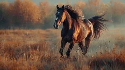 Bay Horse Galloping Through Golden Grass