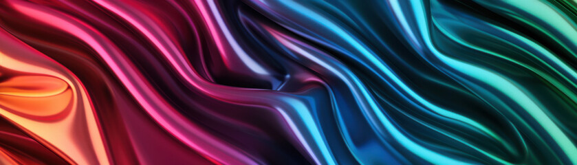 Obraz premium Vibrant and colorful abstract silk fabric background with flowing waves in red, pink, purple, blue, and teal shades, showcasing smooth and shiny textures.
