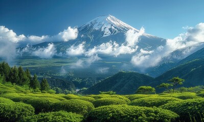 Fototapeta premium Mountain path to snow top on nature landscape with fresh air and green grass