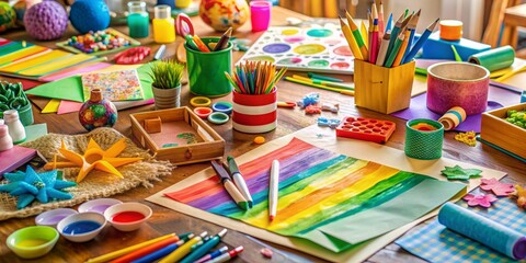 Vibrant art supplies and colorful papers scattered on a table, a half-finished craft project in the center, conveying a sense of joy and creative freedom.