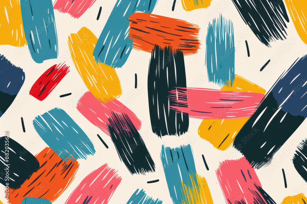 Poster vibrant abstract pattern with colorful bold brush strokes in various shapes and sizes, creating a li