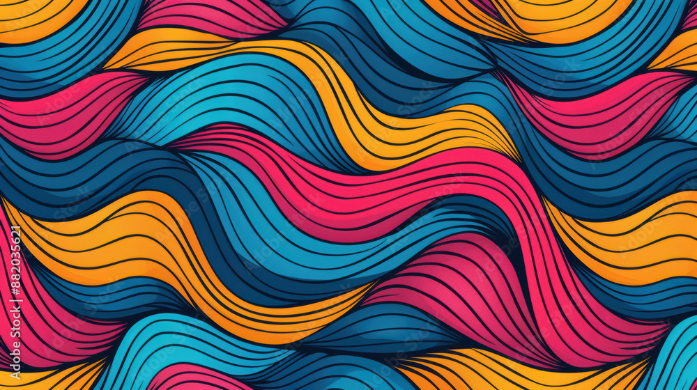 Poster vibrant abstract waves in blue, orange, and pink, creating a dynamic and colorful pattern, perfect f