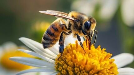 Honeybee Gathering Nectar on Daisy