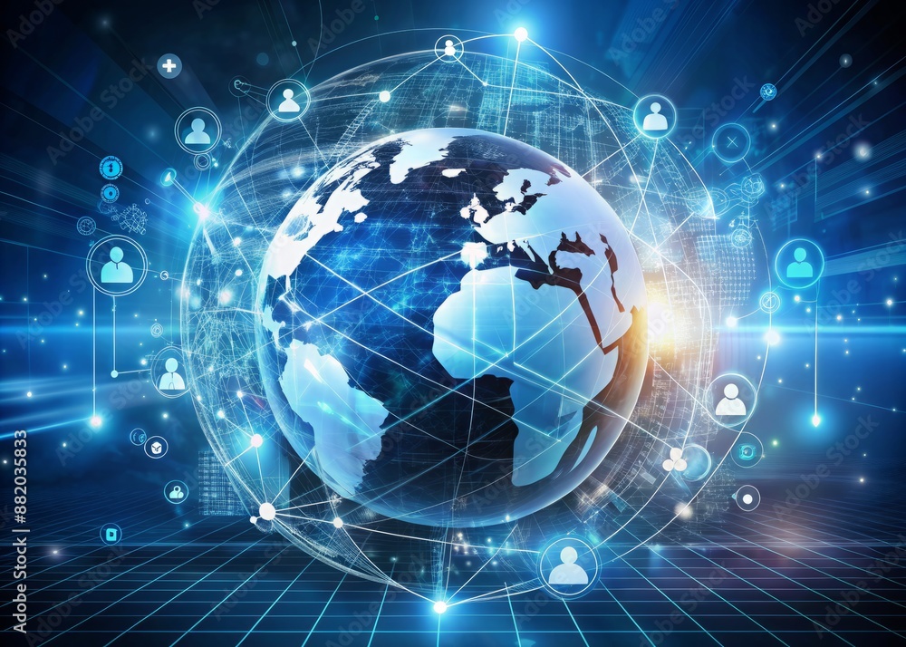 Poster Globe surrounded by floating analytical icons and data graphs, symbolizing effective technology development and global business strategy, with a modern and innovative concept.