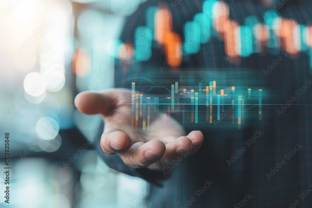 Poster touch of tomorrow: businessman's hand with futuristic holographic infographic projection of data ana