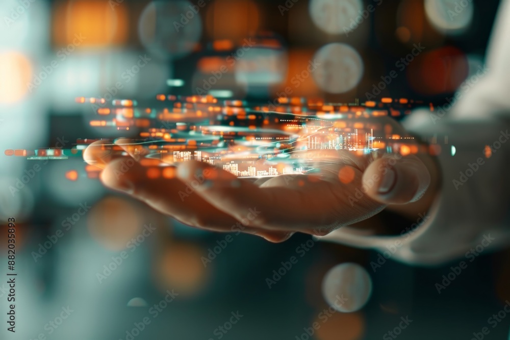 Poster embracing technological trends: businessman analyzing data analytics on holographic display
